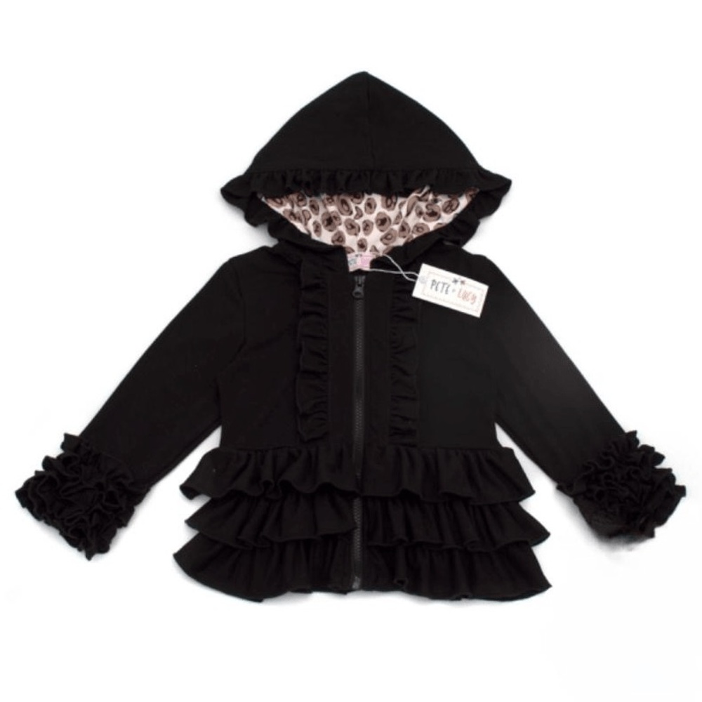 NWT Pete + Lucy Black Ruffle Hoodie in Black/Leopard size 2T